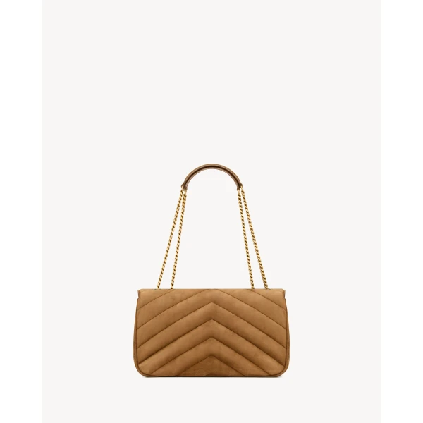 Brown Saint Laurent Loulou Medium in Matelassé Suede, Caramel Cognac, view 3 | Shoulder & Crossbody Bags