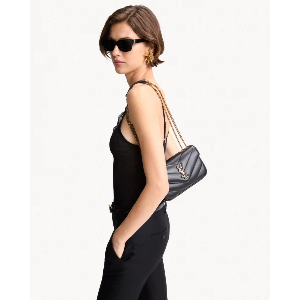 Black Saint Laurent Loulou Mini in Lambskin, Black, view 2 | Mini Bags