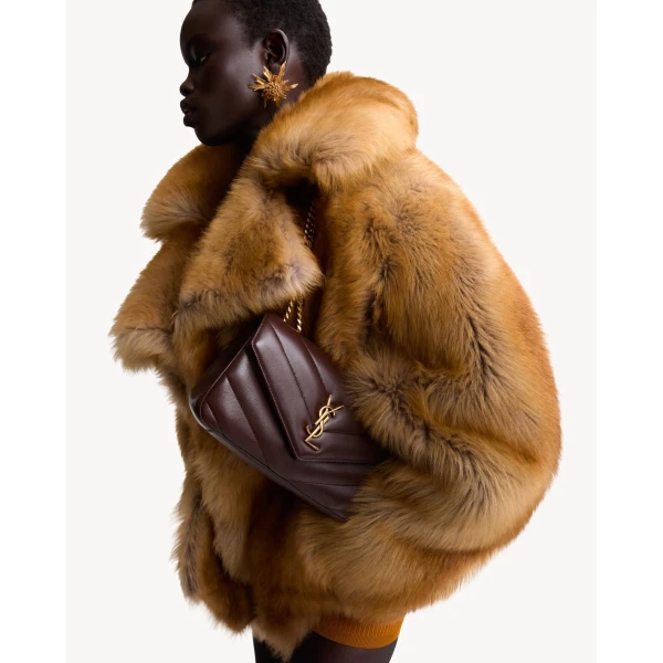 Brown Saint Laurent Loulou Small in Matelassé Lambskin, Deep Hickory, view 2 | Shoulder & Crossbody Bags