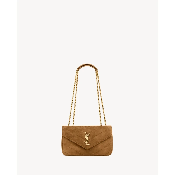 Brown Saint Laurent Loulou Small in Matelassé Suede, Caramel Cognac | Shoulder & Crossbody Bags