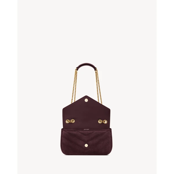 Red Saint Laurent Loulou Small in Matelassé Suede, Smoky Burgundy, view 5 | Shoulder & Crossbody Bags