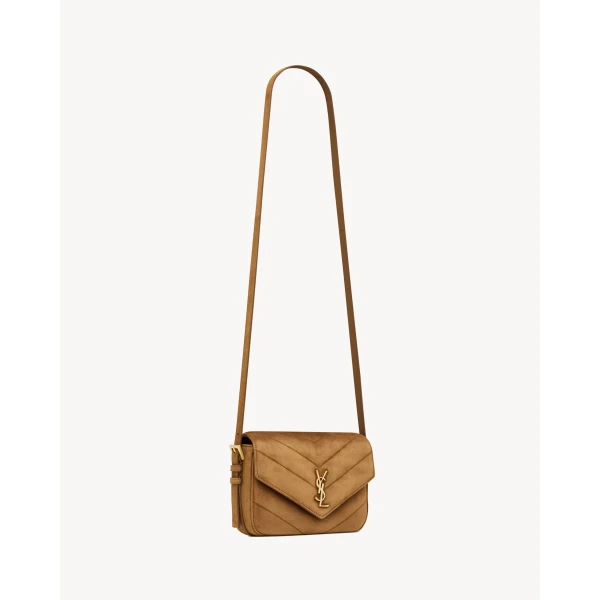 Brown Saint Laurent Loulou Toy Crossbody in Matelassé Suede, view 5 | Shoulder & Crossbody Bags