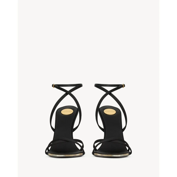Black Saint Laurent Lutetia Sandals in Satin Crepe and Mother-of-Pearl, Black, view 2 | Sandals