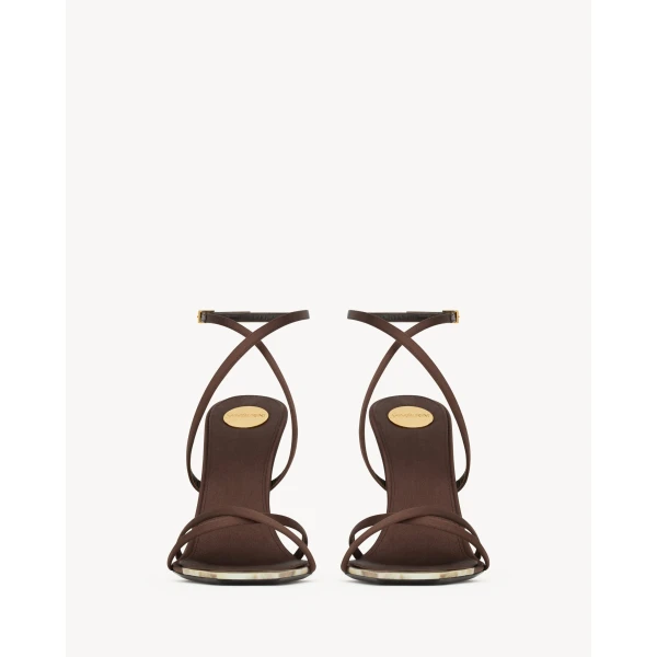 Brown Saint Laurent Lutetia Sandals in Satin Crepe and Mother-of-Pearl, Choco Brown, view 2 | Sandals