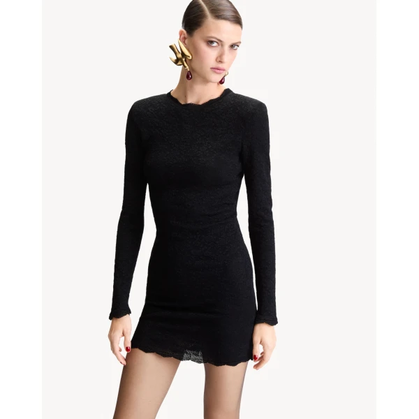 Black Saint Laurent Mini Dress in Floral Mesh Knit, view 2 | Mini Dresses