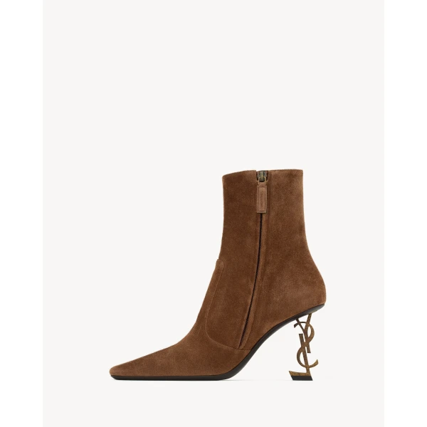 Brown Saint Laurent Opyum Booties in Suede, view 3 | Boots