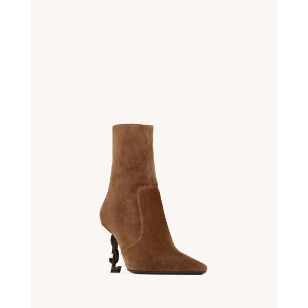 Brown Saint Laurent Opyum Booties in Suede, view 4 | Boots
