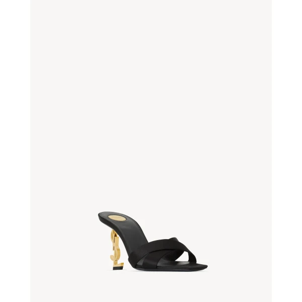 Black Saint Laurent Opyum Mules in Satin Crepe, Black, Spring Summer 2025, view 3 | Mules