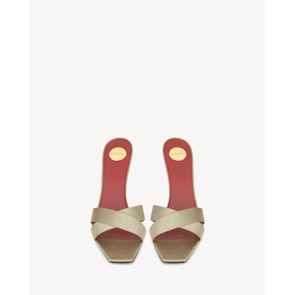 Beige Saint Laurent Opyum Mules in Satin Crepe, Grain Beige, view 2 | Mules