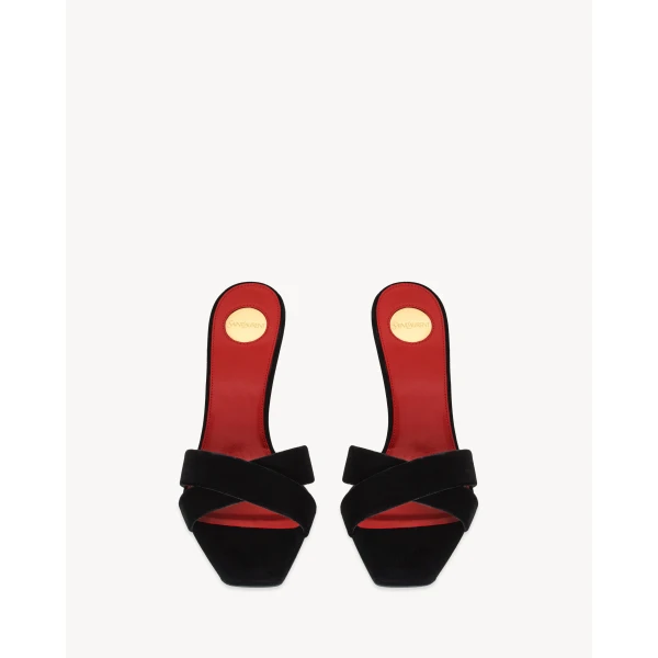 Black Saint Laurent Opyum Mules in Velvet, Black, view 2 | Mules
