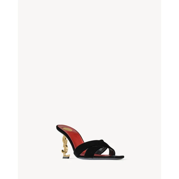 Black Saint Laurent Opyum Mules in Velvet, Black, view 4 | Mules