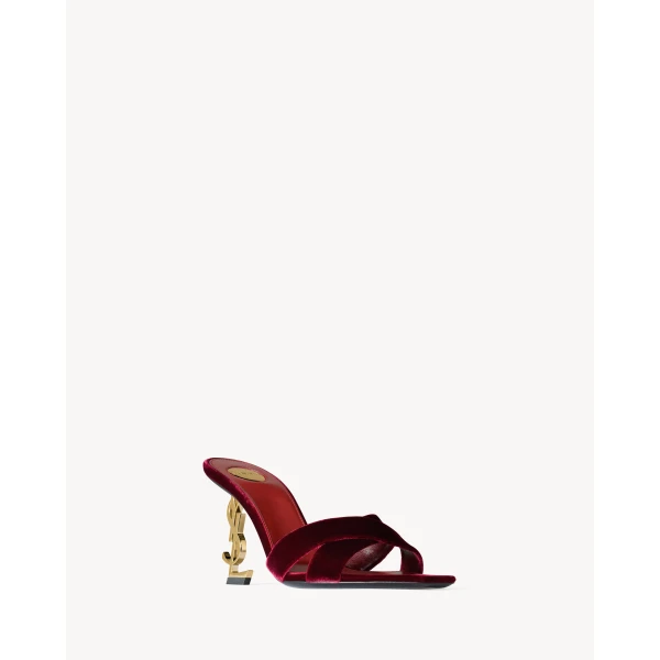 Red Saint Laurent Opyum Mules in Velvet, French Burgundy, view 4 | Mules