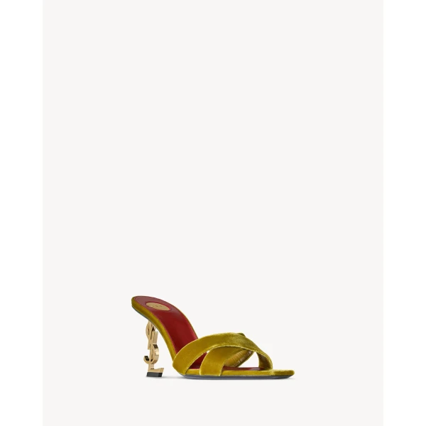 Yellow Saint Laurent Opyum Mules in Velvet, French Mustard, view 4 | Mules