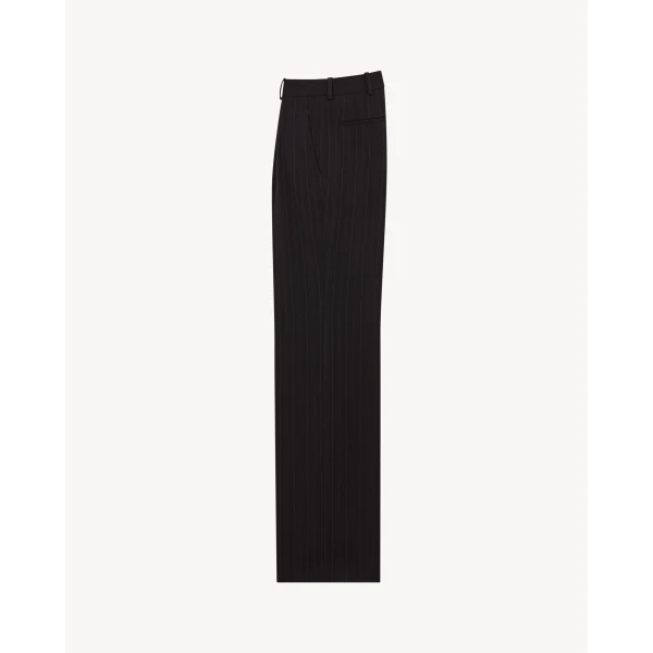 Black Saint Laurent Pants in Chalk-Stripe Wool, view 2 | Tailored pants