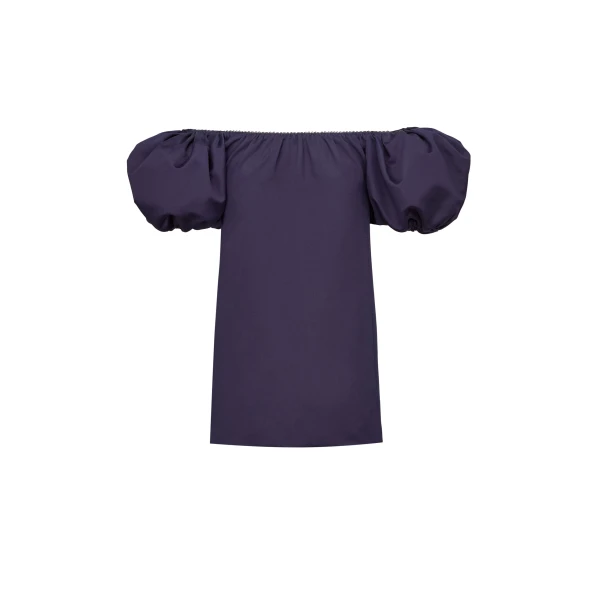 Blue Saint Laurent Puff-Sleeve Mini Dress in Cotton Satin | Mini Dresses