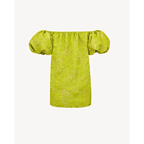 Multicolour Saint Laurent Puff-Sleeve Mini Dress in Duchesse Satin Brocade, view 3 | Mini Dresses