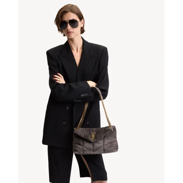 Grey Saint Laurent Puffer Small in Suede, Urban Grey, view 2 | Shoulder & Crossbody Bags