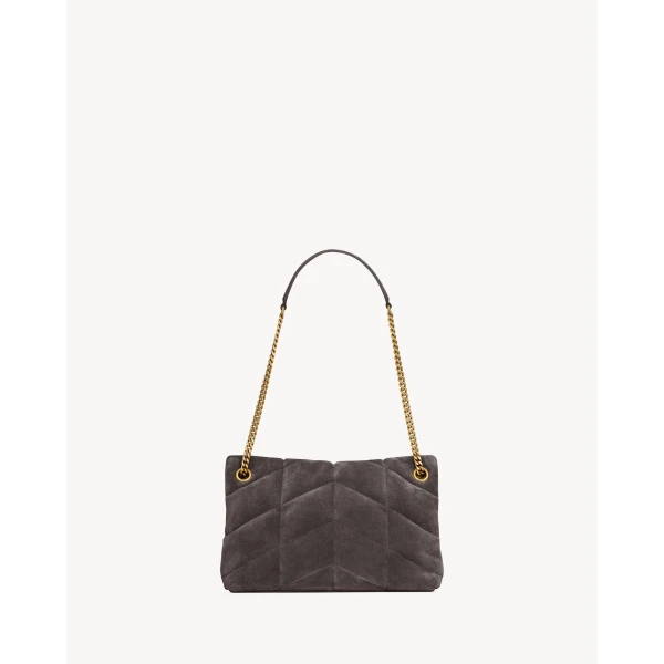 Grey Saint Laurent Puffer Small in Suede, Urban Grey, view 3 | Shoulder & Crossbody Bags