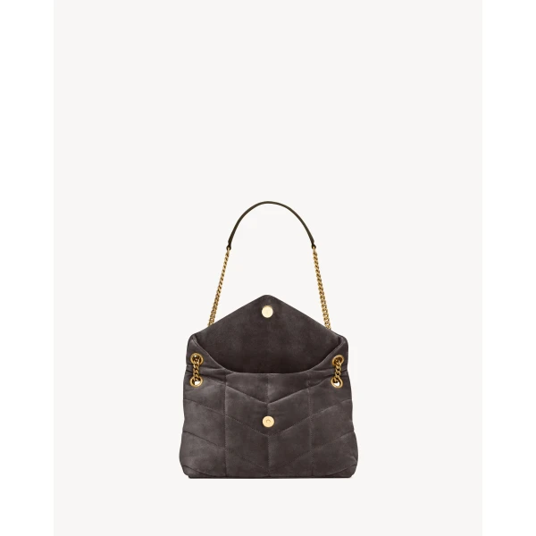 Grey Saint Laurent Puffer Small in Suede, Urban Grey, view 5 | Shoulder & Crossbody Bags