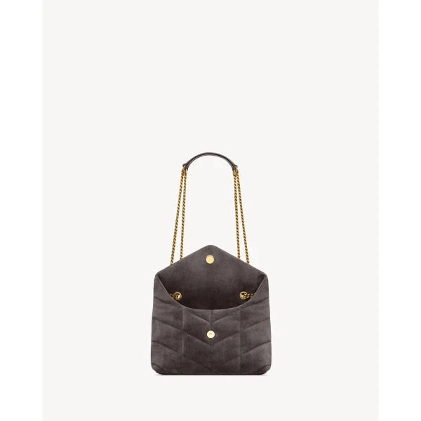 Grey Saint Laurent Puffer Toy in Suede, view 4 | Mini Bags