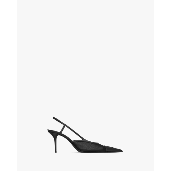 Black Saint Laurent Renée Slingback Pumps in Mesh, Black, view 2 | Heels