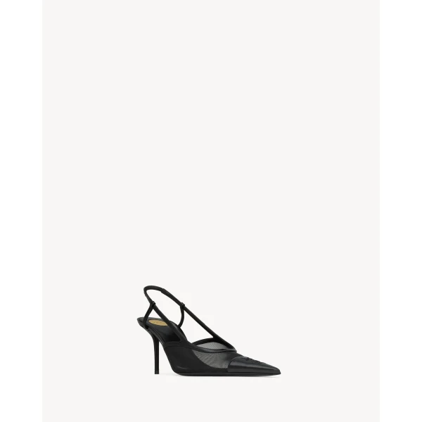Black Saint Laurent Renée Slingback Pumps in Mesh, Black, view 3 | Heels