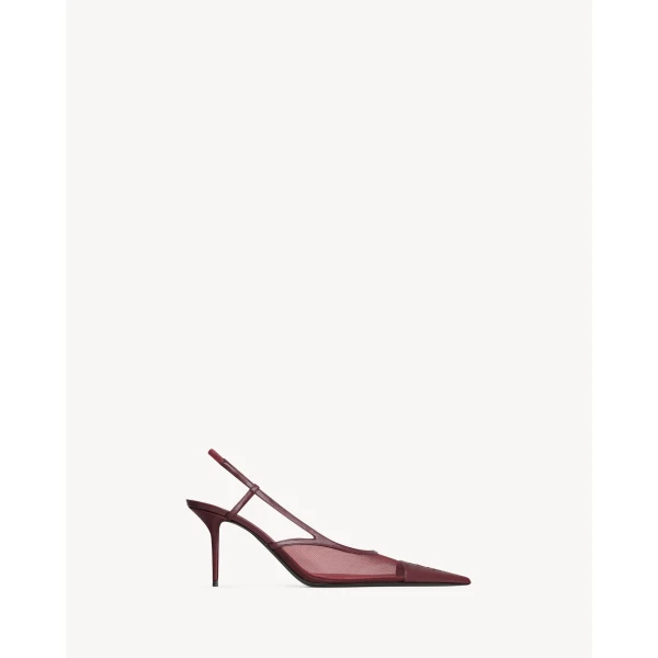 Red Saint Laurent Renée Slingback Pumps in Mesh, Vintage Bordeaux, view 2 | Heels