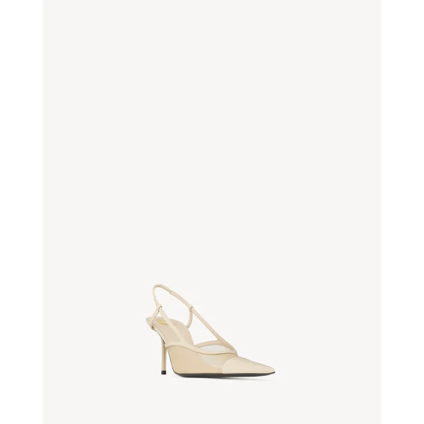 White Saint Laurent Renée Slingback Pumps in Mesh, White, view 3 | Heels