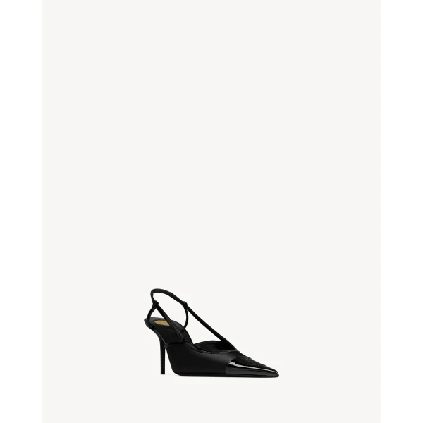 Black Saint Laurent Renée Slingback Pumps in Satin Crepe and Patent Leather, view 3 | Heels
