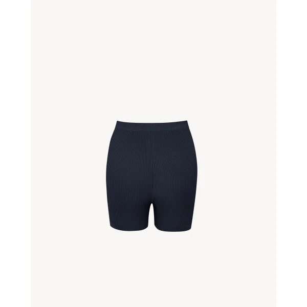 Blue Saint Laurent Rib-Knit Cycling Shorts, Bleu Nuit, view 3 | Shorts