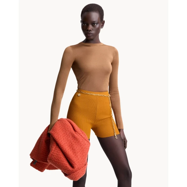 Orange Saint Laurent Rib-Knit Cycling Shorts, Curcuma, view 2 | Shorts
