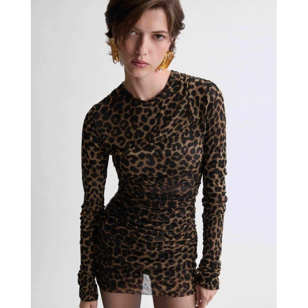Multicolour Saint Laurent Ruched Mini Dress in Leopard Tulle Jersey, Leopard, view 2 | Mini Dresses