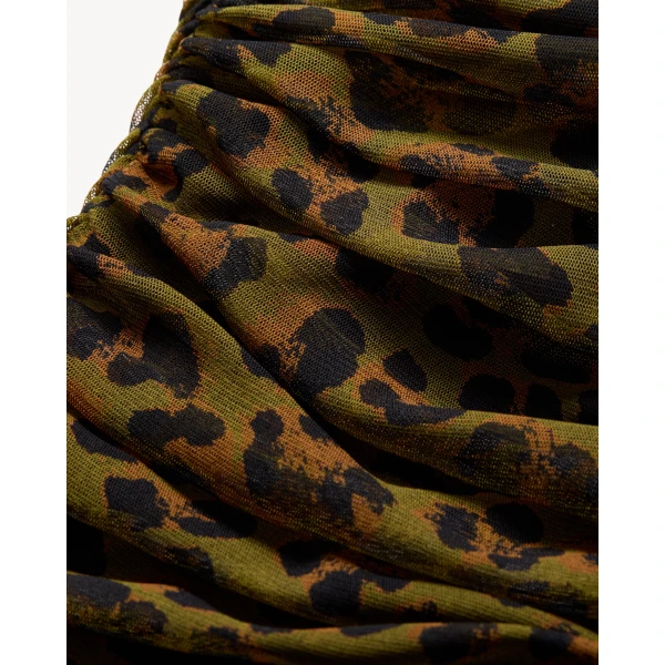Multicolour Saint Laurent Ruched Mini Dress in Leopard Tulle Jersey, Leopard Print, view 3 | Mini Dresses
