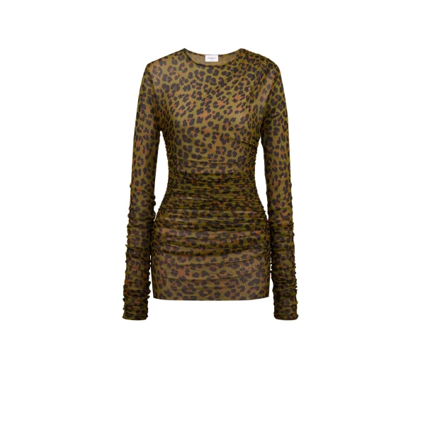 Multicolour Saint Laurent Ruched Mini Dress in Leopard Tulle Jersey, Leopard Print | Mini Dresses