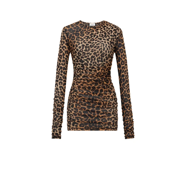 Multicolour Saint Laurent Ruched Mini Dress in Leopard Tulle Jersey, Leopard | Mini Dresses