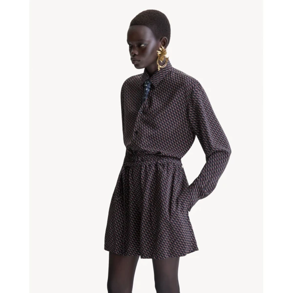 Black Saint Laurent Shorts in Silk with Cassandre All Over, view 2 | Shorts