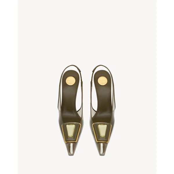Multicolour Saint Laurent Sibyl Slingback Pumps in Tpu and Patent Leather, Amber Green and Kaki, view 2 | Heels
