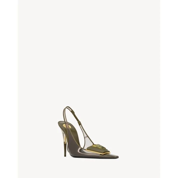 Multicolour Saint Laurent Sibyl Slingback Pumps in Tpu and Patent Leather, Amber Green and Kaki, view 3 | Heels