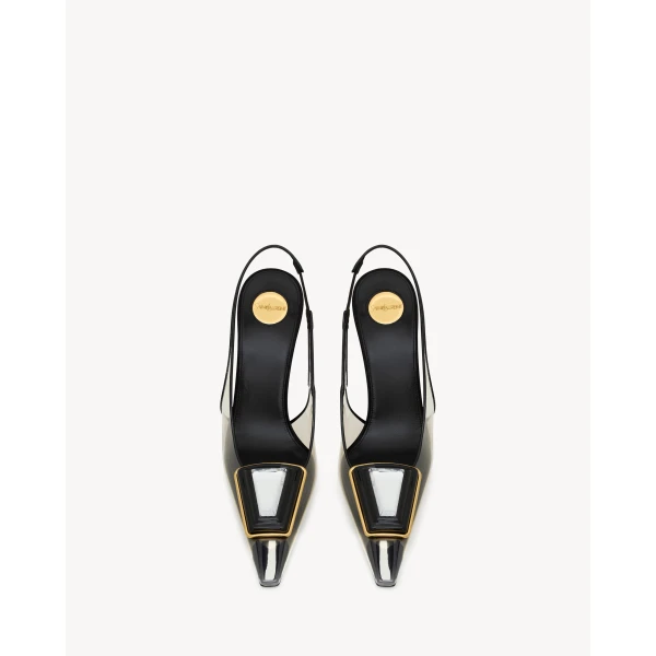 Multicolour Saint Laurent Sibyl Slingback Pumps in Tpu and Patent Leather, Marble Grey and Black, view 2 | Heels