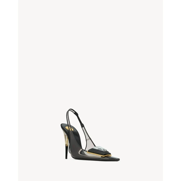 Multicolour Saint Laurent Sibyl Slingback Pumps in Tpu and Patent Leather, Marble Grey and Black, view 3 | Heels