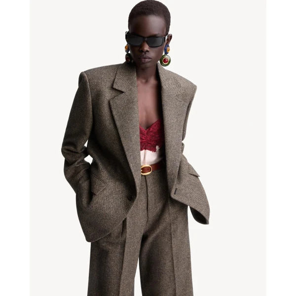Beige Saint Laurent Single-Breasted Jacket in Herringbone Wool, view 2 | Blazers