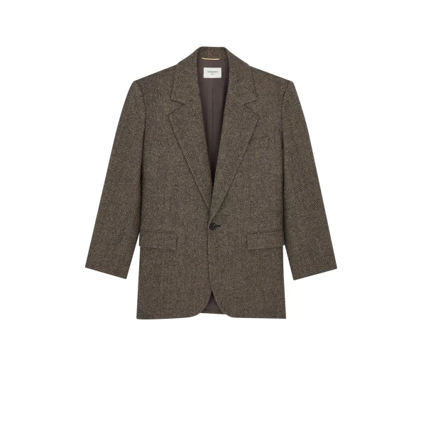 Beige Saint Laurent Single-Breasted Jacket in Herringbone Wool | Blazers