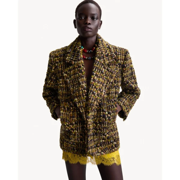 Green Saint Laurent Single-Breasted Jacket in Tweed, Kaki Gris Vert, view 2 | Blazers