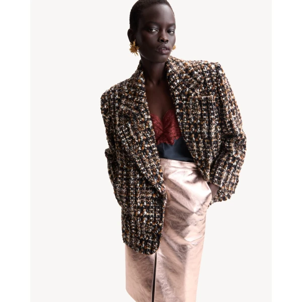 Beige Saint Laurent Single-Breasted Jacket in Tweed, Marron Noir Craie, view 2 | Blazers