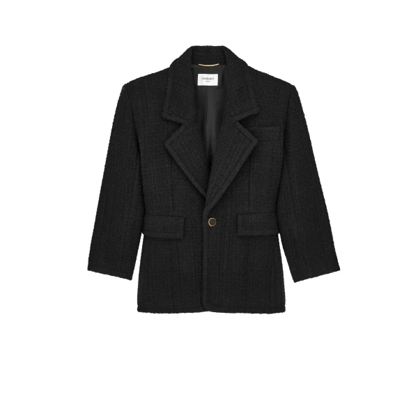 Black Saint Laurent Single-Breasted Jacket in Tweed, Noir | Blazers