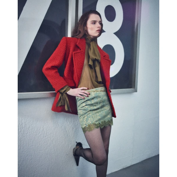 Red Saint Laurent Single-Breasted Jacket in Tweed, Roux, view 2 | Blazers