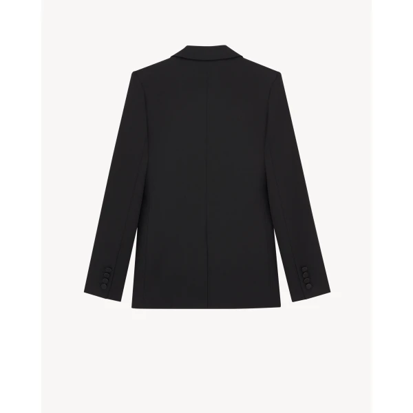 Black Saint Laurent Single-Breasted Tuxedo Jacket in Grain de Poudre, Black, view 2 | Blazers