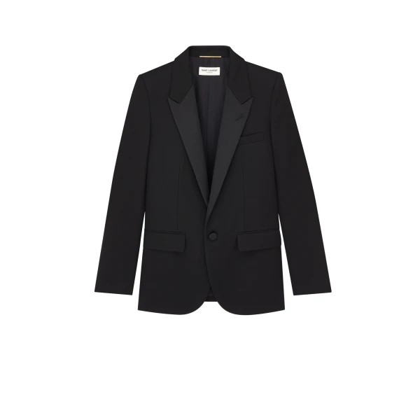 Black Saint Laurent Single-Breasted Tuxedo Jacket in Grain de Poudre, Black | Blazers