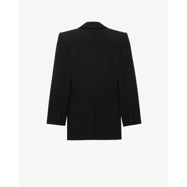 Black Saint Laurent Single-Breasted Tuxedo Jacket in Grain de Poudre, Noir, view 3 | Blazers