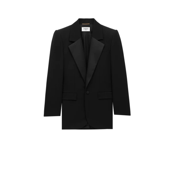 Black Saint Laurent Single-Breasted Tuxedo Jacket in Grain de Poudre, Noir | Blazers